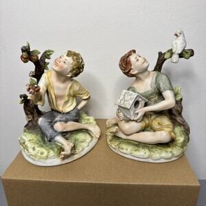 Lefton Figurine Set Of 2 Vtg Porcelain Tree Boy Sculpture Japan Decor Gift